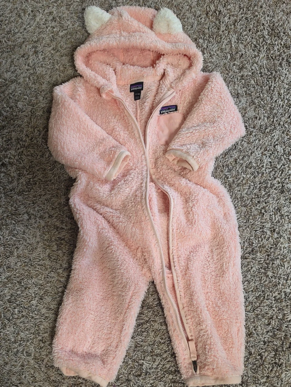 Patagonia Soft Pink Fuzzy Kids One-Piece Footie with Hood and Ears